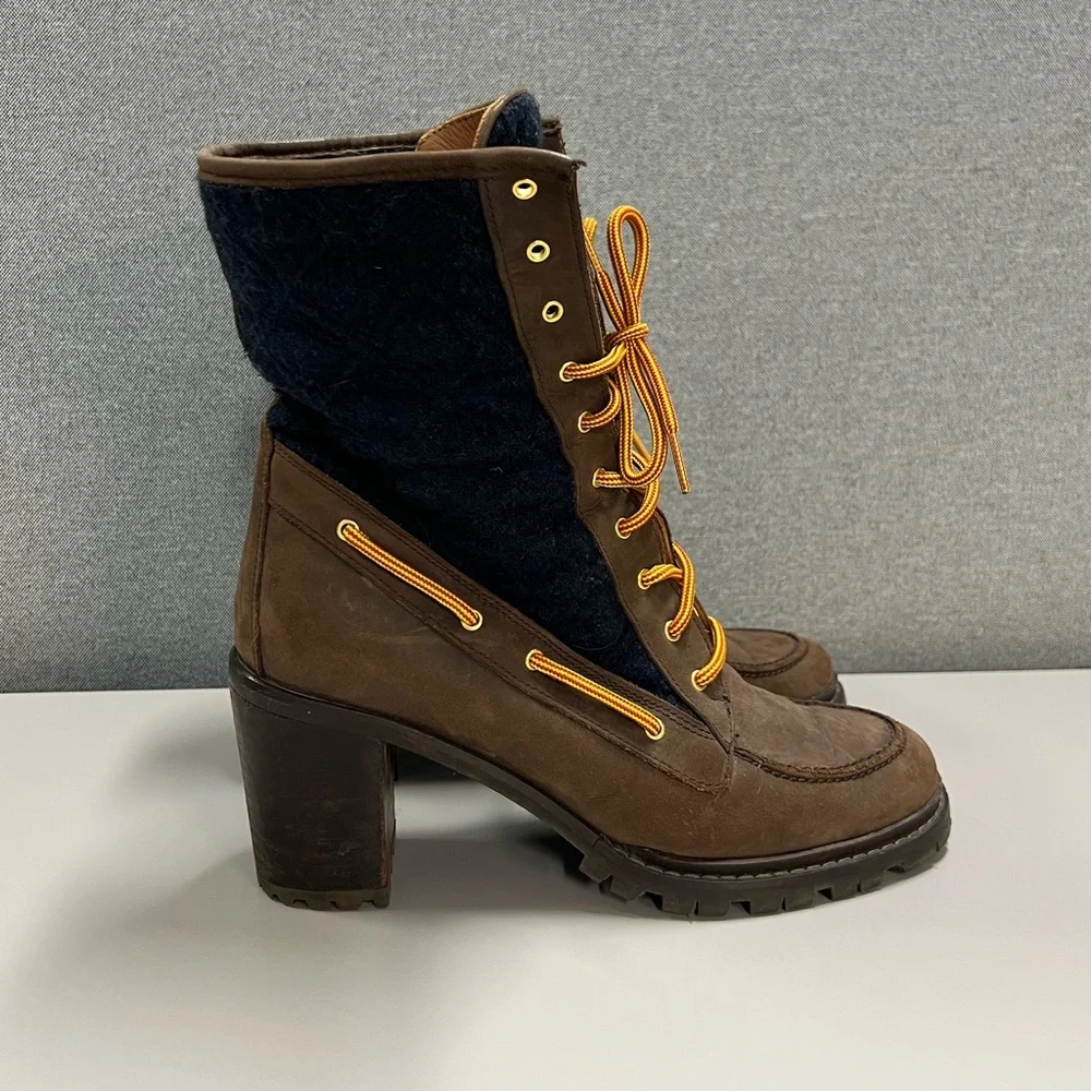 Hunter Henson Boots Navy Quilted Brown Oiled Leather Heeled Size 38 - Picture 2 of 14